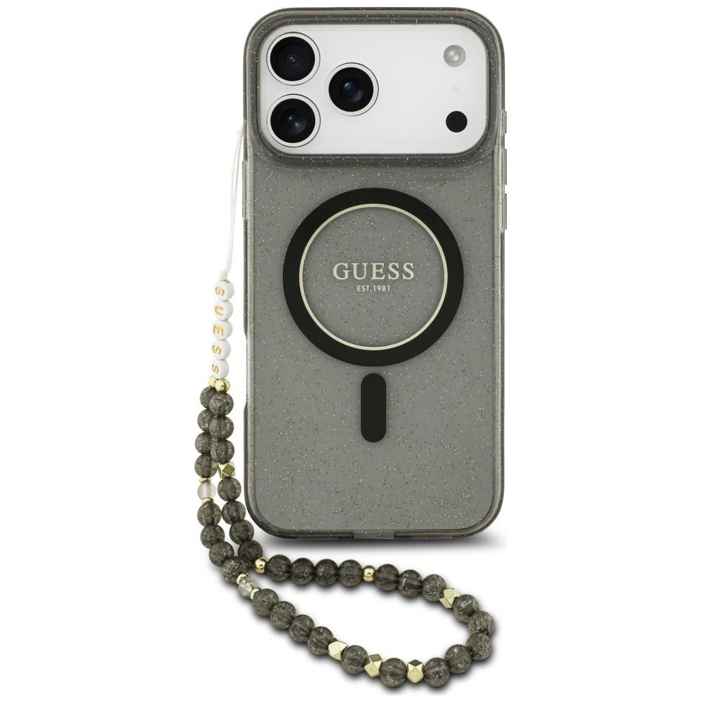 Funda MagSafe para Apple iPhone 18 Pro / 17 Pro, Guess, IML Glitter with Pearl Strap, negra