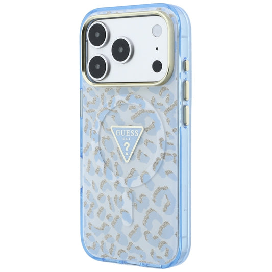Funda MagSafe para Apple iPhone 18 Pro / 17 Pro, Guess, Logo Triángulo con Brillo Leopardo, Azul