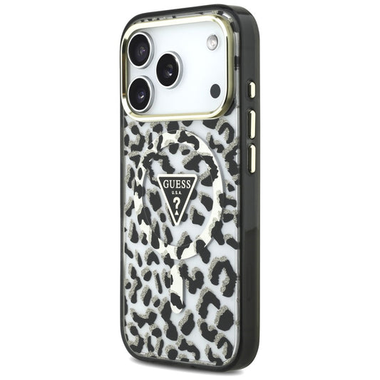 Funda MagSafe para Apple iPhone 18 Pro / 17 Pro, Guess, Logo Triángulo con Purpurina Leopardo, Negra