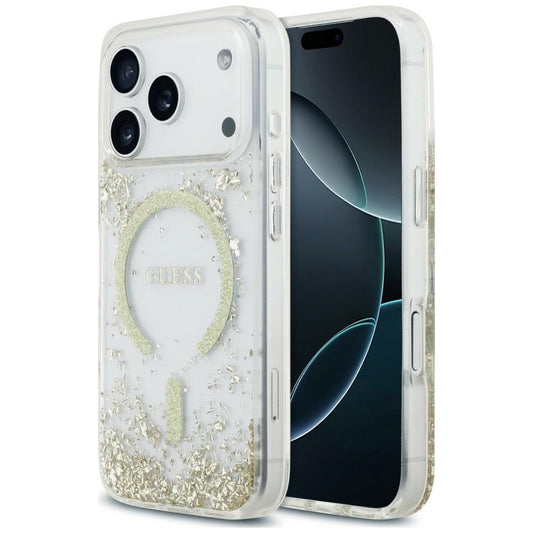 Funda MagSafe para Apple iPhone 18 Pro / 17 Pro, Guess, Fondo de Resina con Brillantina, Dorada