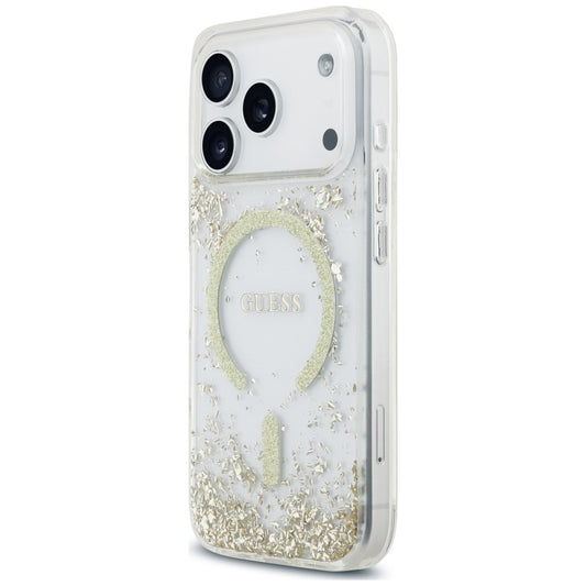 Funda MagSafe para Apple iPhone 18 Pro / 17 Pro, Guess, Fondo de Resina con Brillantina, Dorada