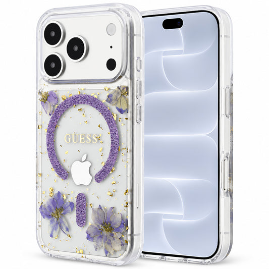 Funda MagSafe para Apple iPhone 18 Pro / 17 Pro, Guess, Flores de Resina y Brillantina, Morado