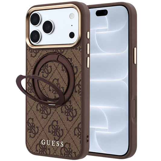Funda MagSafe para Apple iPhone 18 Pro / 17 Pro, Guess, Soporte Anillo 360 4G Logo Clásico, Marrón