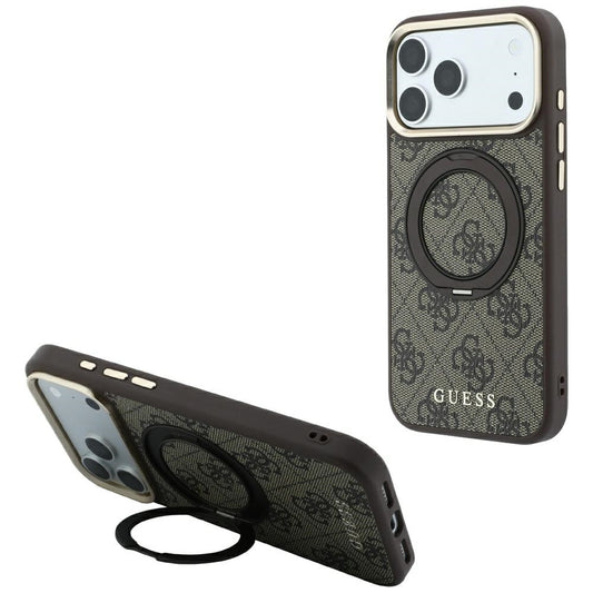 Funda MagSafe para Apple iPhone 18 Pro / 17 Pro, Guess, Soporte Anillo 360 4G Logo Clásico, Marrón