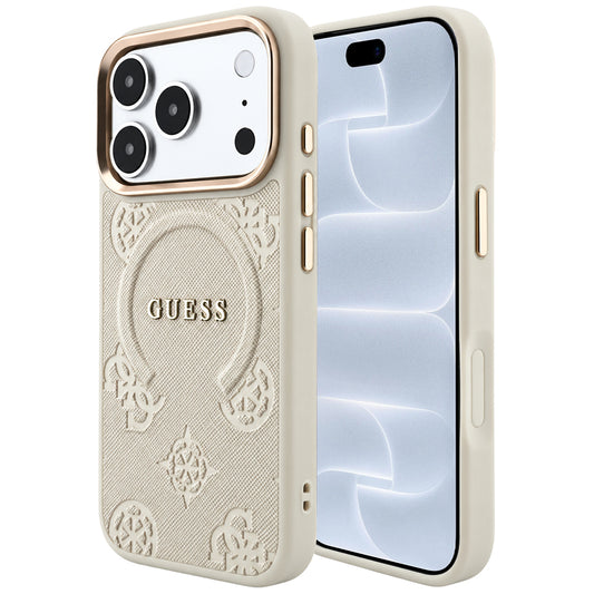 Funda MagSafe para Apple iPhone 18 Pro / 17 Pro, Guess, Saffiano Peony Ring, Beige
