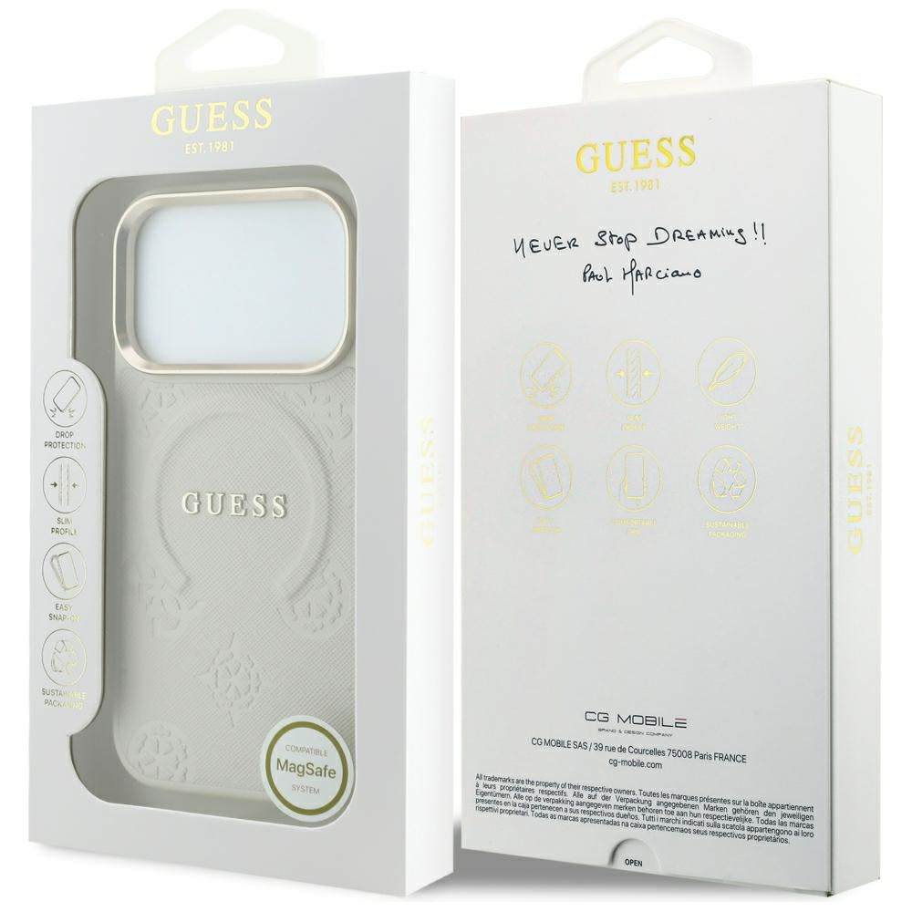 Funda MagSafe para Apple iPhone 18 Pro / 17 Pro, Guess, Saffiano Peony Ring, Beige
