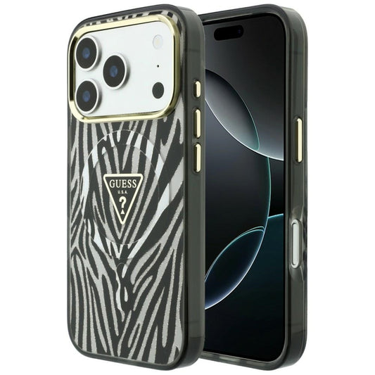 Funda MagSafe para Apple iPhone 18 Pro / 17 Pro, Guess, Logo Triángulo Brillante Zebra, Plateada