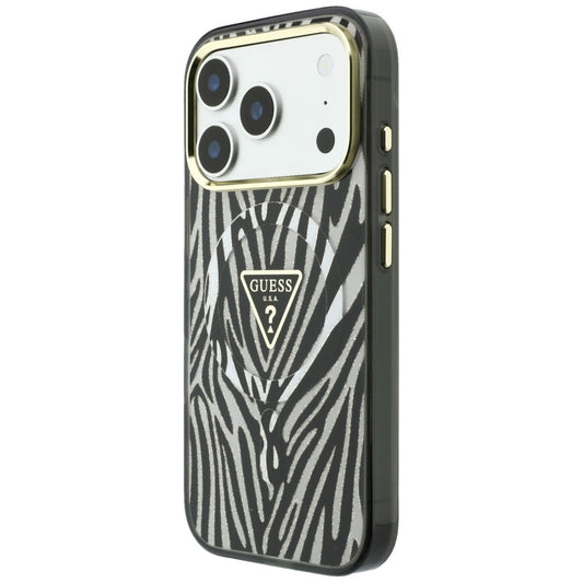 Funda MagSafe para Apple iPhone 18 Pro / 17 Pro, Guess, Logo Triángulo Brillante Zebra, Plateada