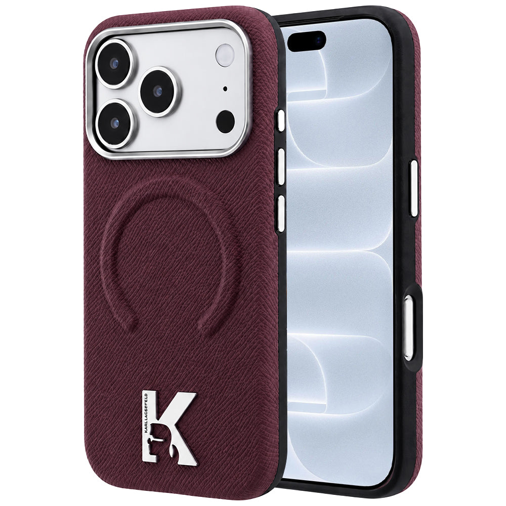 Funda MagSafe para Apple iPhone 18 Pro / 17 Pro, Karl Lagerfeld, Anillo Grabado Granulado, Burdeos