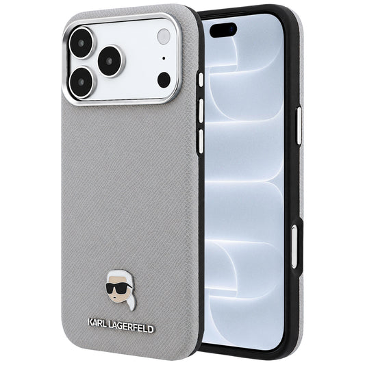Funda MagSafe para Apple iPhone 18 Pro / 17 Pro, Karl Lagerfeld, Metal con textura de cabeza de Karl, Gris