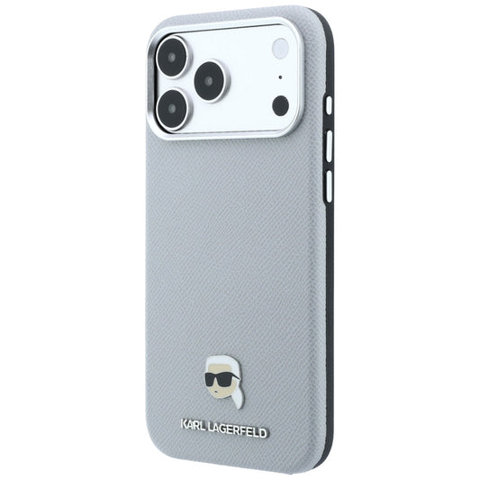 Funda MagSafe para Apple iPhone 18 Pro / 17 Pro, Karl Lagerfeld, Metal con textura de cabeza de Karl, Gris