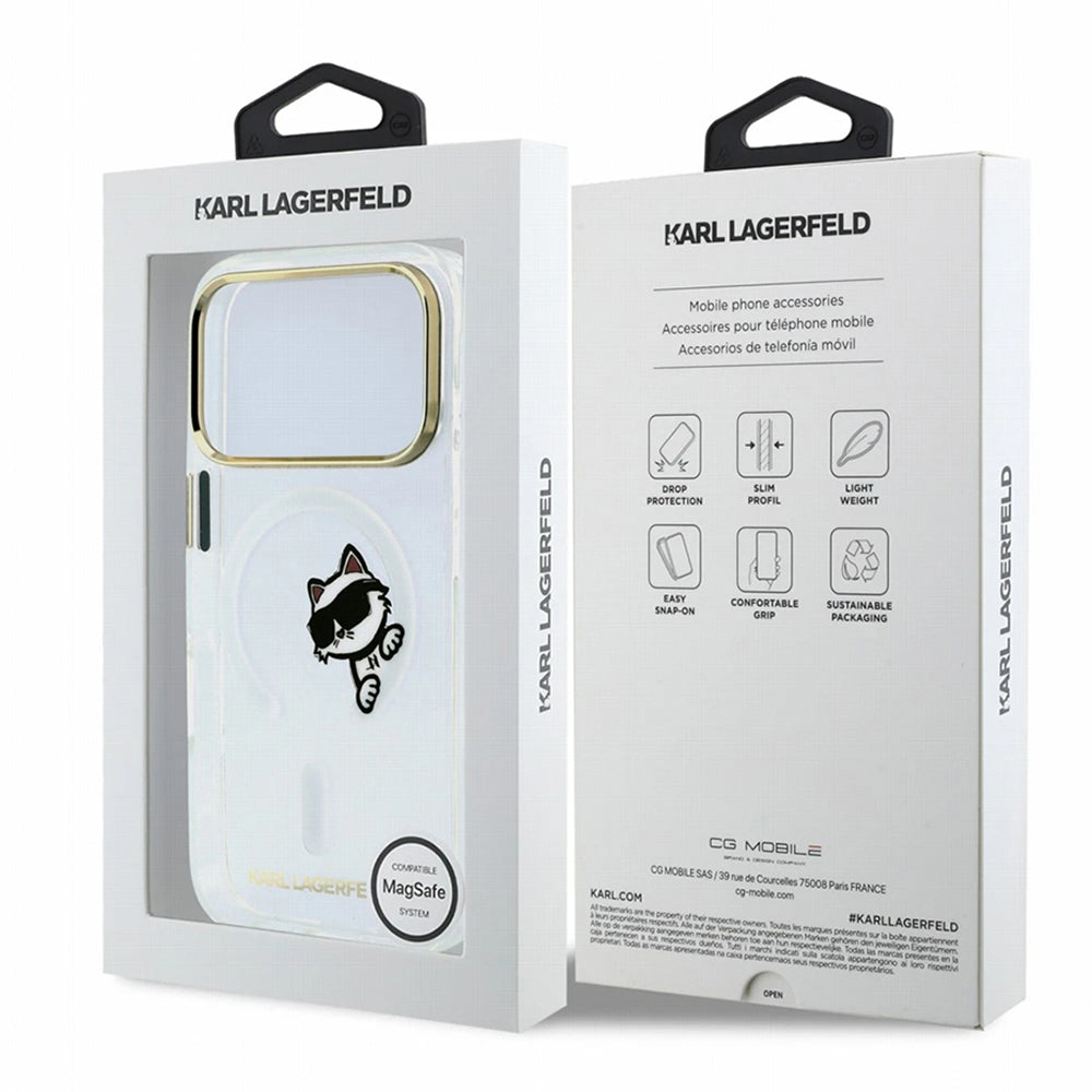 Funda MagSafe para Apple iPhone 18 Pro / 17 Pro, Karl Lagerfeld, IML Peekaboo Print y Marco Metálico, Transparente