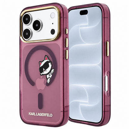 Funda MagSafe para Apple iPhone 18 Pro / 17 Pro, Karl Lagerfeld, IML Peekaboo Print and Metal Frame, color burdeos