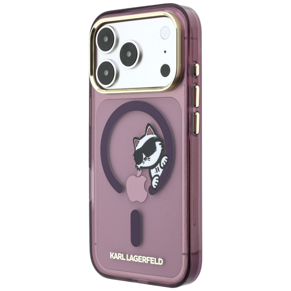Funda MagSafe para Apple iPhone 18 Pro / 17 Pro, Karl Lagerfeld, IML Peekaboo Print and Metal Frame, color burdeos