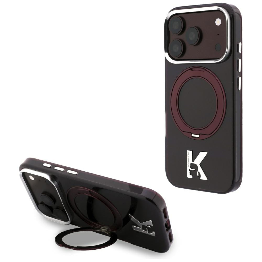 Funda MagSafe para Apple iPhone 18 Pro / 17 Pro, Karl Lagerfeld, Soporte de Anillo IML Kameo Metal, Granate