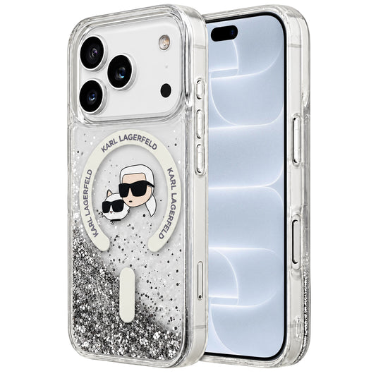 Funda MagSafe para Apple iPhone 18 Pro / 17 Pro, Karl Lagerfeld, Liquid Glitter Karl & Choupette Head's, Transparente