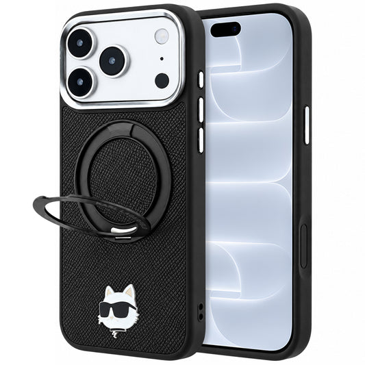 Funda MagSafe para Apple iPhone 18 Pro / 17 Pro, Karl Lagerfeld, Soporte Anillo 360 Choupette Pin, Negra