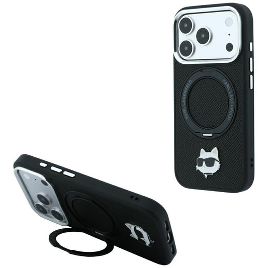Funda MagSafe para Apple iPhone 18 Pro / 17 Pro, Karl Lagerfeld, Soporte Anillo 360 Choupette Pin, Negra