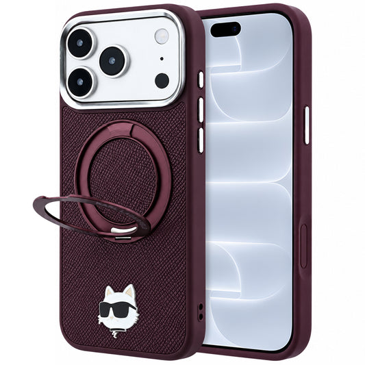 Funda MagSafe para Apple iPhone 18 Pro / 17 Pro, Karl Lagerfeld, Soporte Anillo 360 Choupette Pin, Burdeos