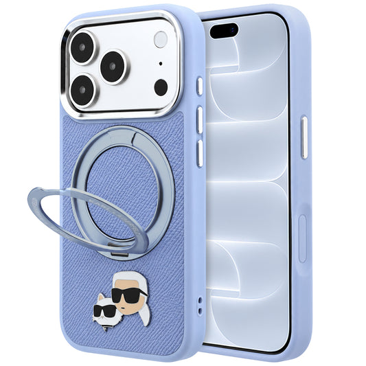 Funda MagSafe para Apple iPhone 18 Pro / 17 Pro, Karl Lagerfeld, Soporte Anillo 360 Karl & Pin Choupette, Azul