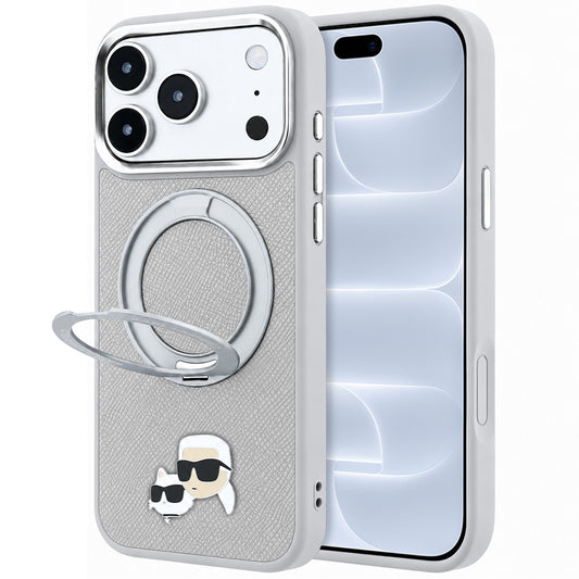 Funda MagSafe para Apple iPhone 18 Pro / 17 Pro, Karl Lagerfeld, Ring Stand 360 Karl & Choupette Pin, Gris