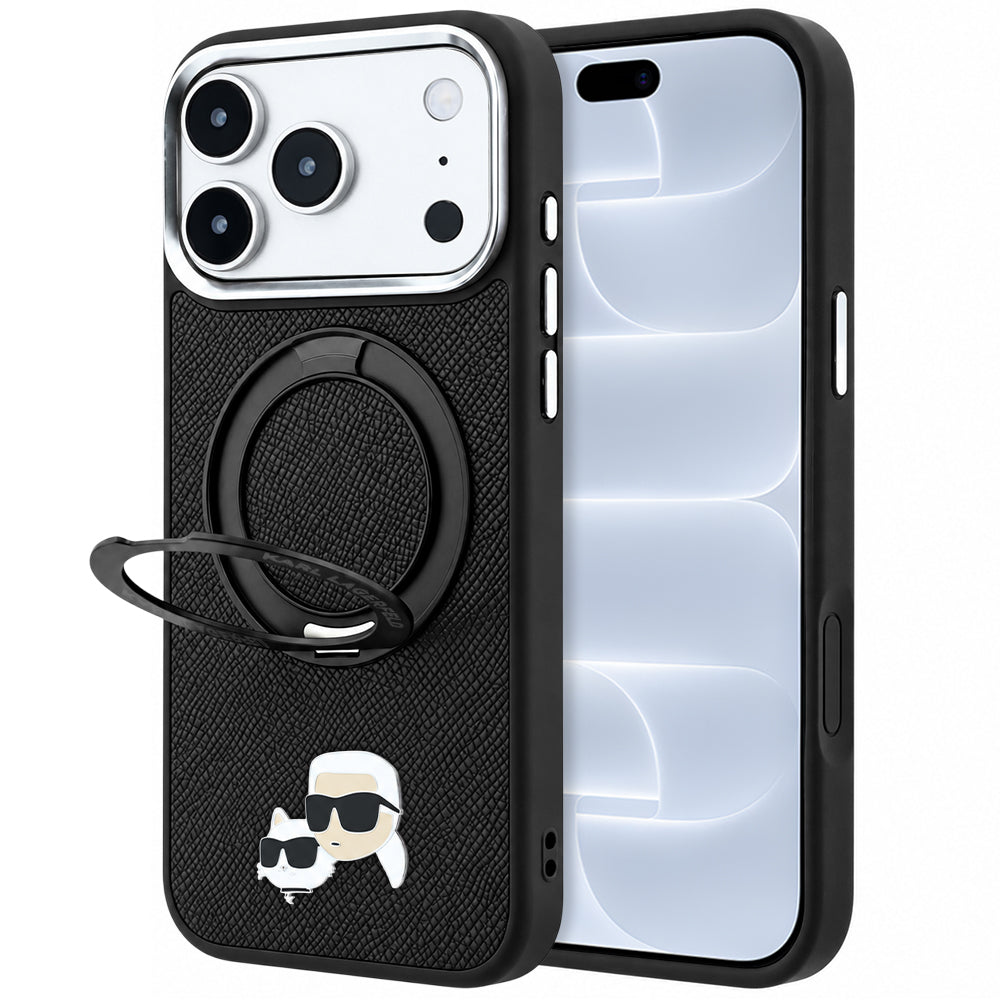 Funda MagSafe para Apple iPhone 18 Pro / 17 Pro, Karl Lagerfeld, Soporte Anillo 360 Karl & Choupette Pin, Negra