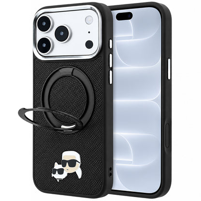 Funda MagSafe para Apple iPhone 18 Pro / 17 Pro, Karl Lagerfeld, Soporte Anillo 360 Karl & Choupette Pin, Negra