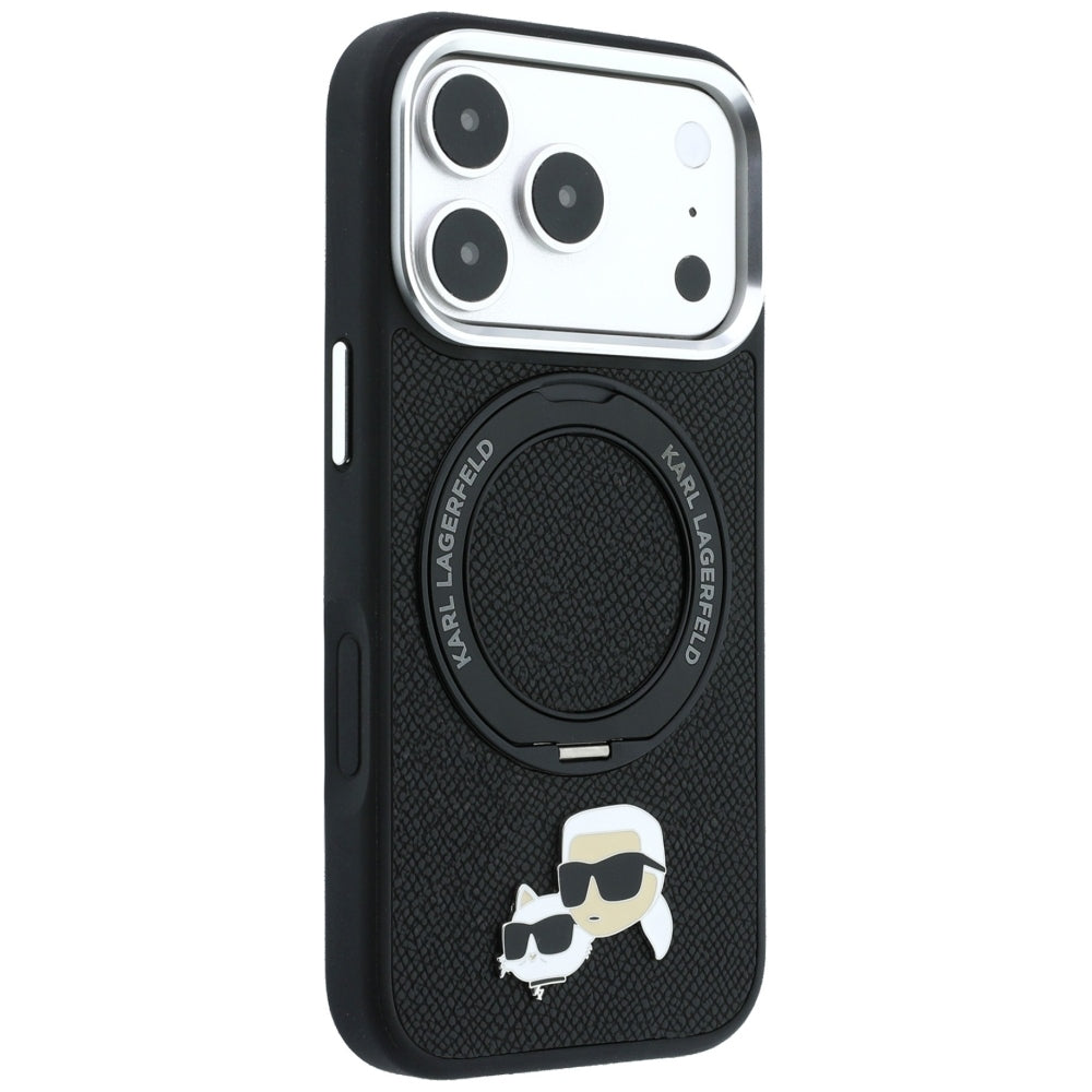 Funda MagSafe para Apple iPhone 18 Pro / 17 Pro, Karl Lagerfeld, Soporte Anillo 360 Karl & Choupette Pin, Negra