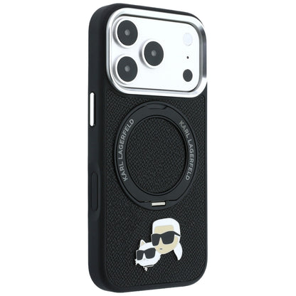 Funda MagSafe para Apple iPhone 18 Pro / 17 Pro, Karl Lagerfeld, Soporte Anillo 360 Karl & Choupette Pin, Negra