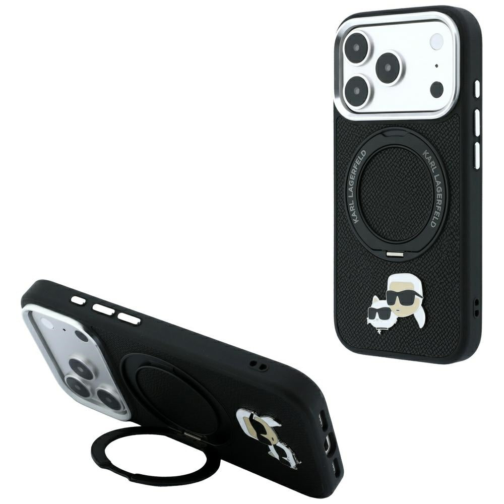Funda MagSafe para Apple iPhone 18 Pro / 17 Pro, Karl Lagerfeld, Soporte Anillo 360 Karl & Choupette Pin, Negra