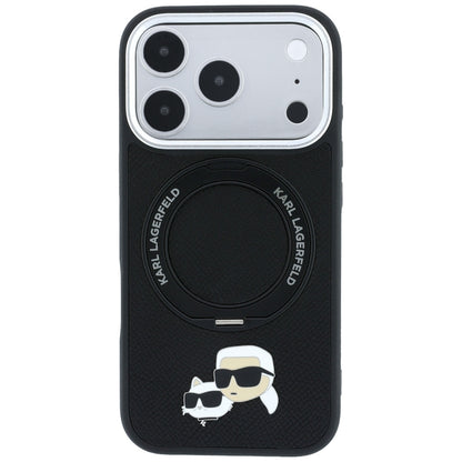 Funda MagSafe para Apple iPhone 18 Pro / 17 Pro, Karl Lagerfeld, Soporte Anillo 360 Karl & Choupette Pin, Negra