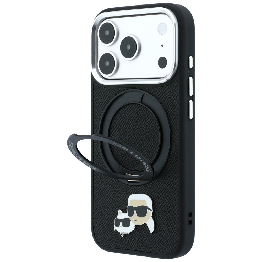 Funda MagSafe para Apple iPhone 18 Pro / 17 Pro, Karl Lagerfeld, Soporte Anillo 360 Karl & Choupette Pin, Negra