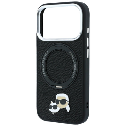 Funda MagSafe para Apple iPhone 18 Pro / 17 Pro, Karl Lagerfeld, Soporte Anillo 360 Karl & Choupette Pin, Negra