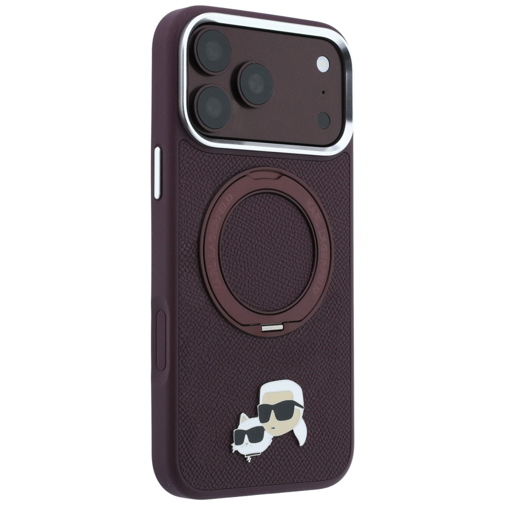Funda MagSafe para Apple iPhone 18 Pro / 17 Pro, Karl Lagerfeld, Soporte Anillo 360 Karl & Pin Choupette, Burdeos
