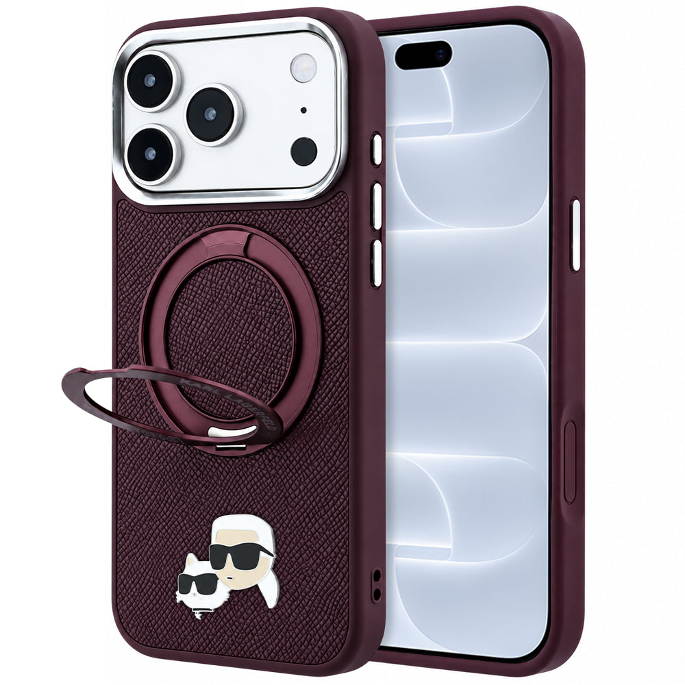 Funda MagSafe para Apple iPhone 18 Pro / 17 Pro, Karl Lagerfeld, Soporte Anillo 360 Karl & Pin Choupette, Burdeos