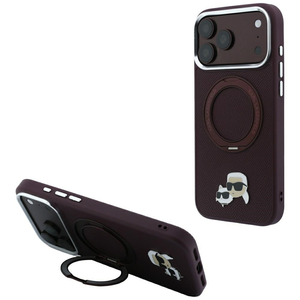 Funda MagSafe para Apple iPhone 18 Pro / 17 Pro, Karl Lagerfeld, Soporte Anillo 360 Karl & Pin Choupette, Burdeos