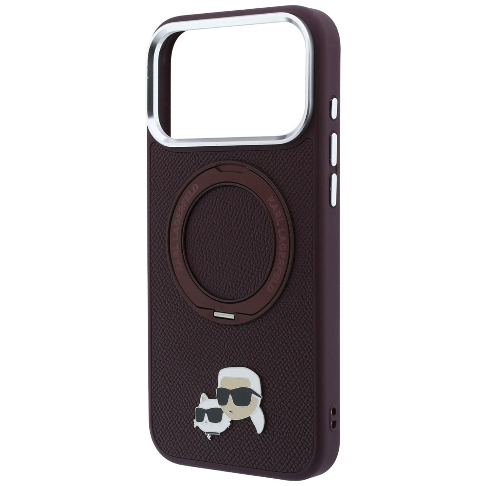 Funda MagSafe para Apple iPhone 18 Pro / 17 Pro, Karl Lagerfeld, Soporte Anillo 360 Karl & Pin Choupette, Burdeos