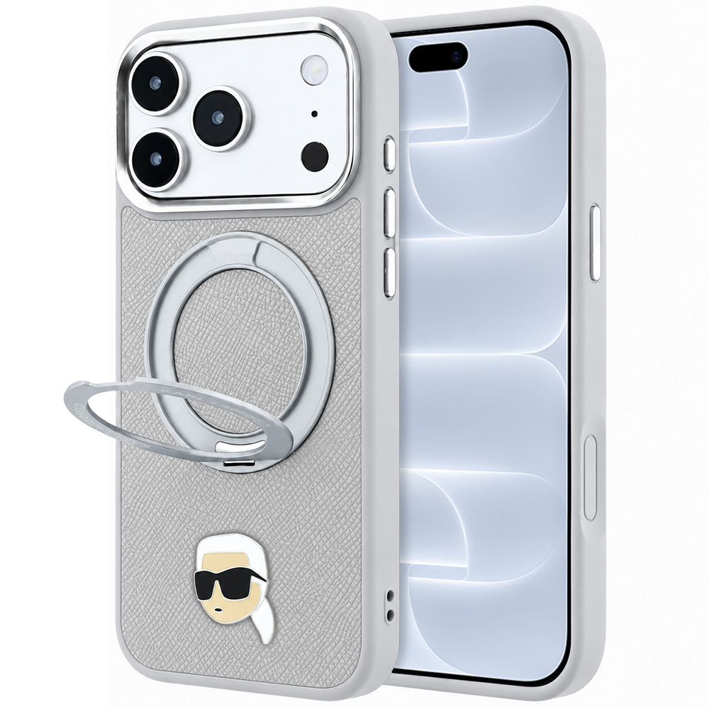 Funda MagSafe para Apple iPhone 18 Pro / 17 Pro, Karl Lagerfeld, Ring Stand 360 Karl Pin, Gris