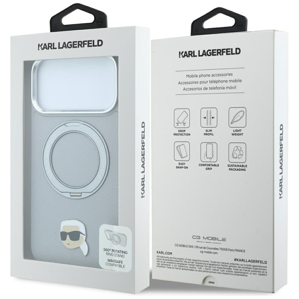 Funda MagSafe para Apple iPhone 18 Pro / 17 Pro, Karl Lagerfeld, Ring Stand 360 Karl Pin, Gris