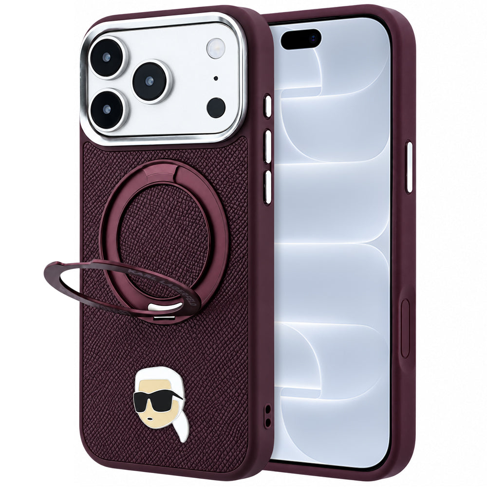 Funda MagSafe para Apple iPhone 18 Pro / 17 Pro, Karl Lagerfeld, Soporte Anillo 360 Karl Pin, Burdeos