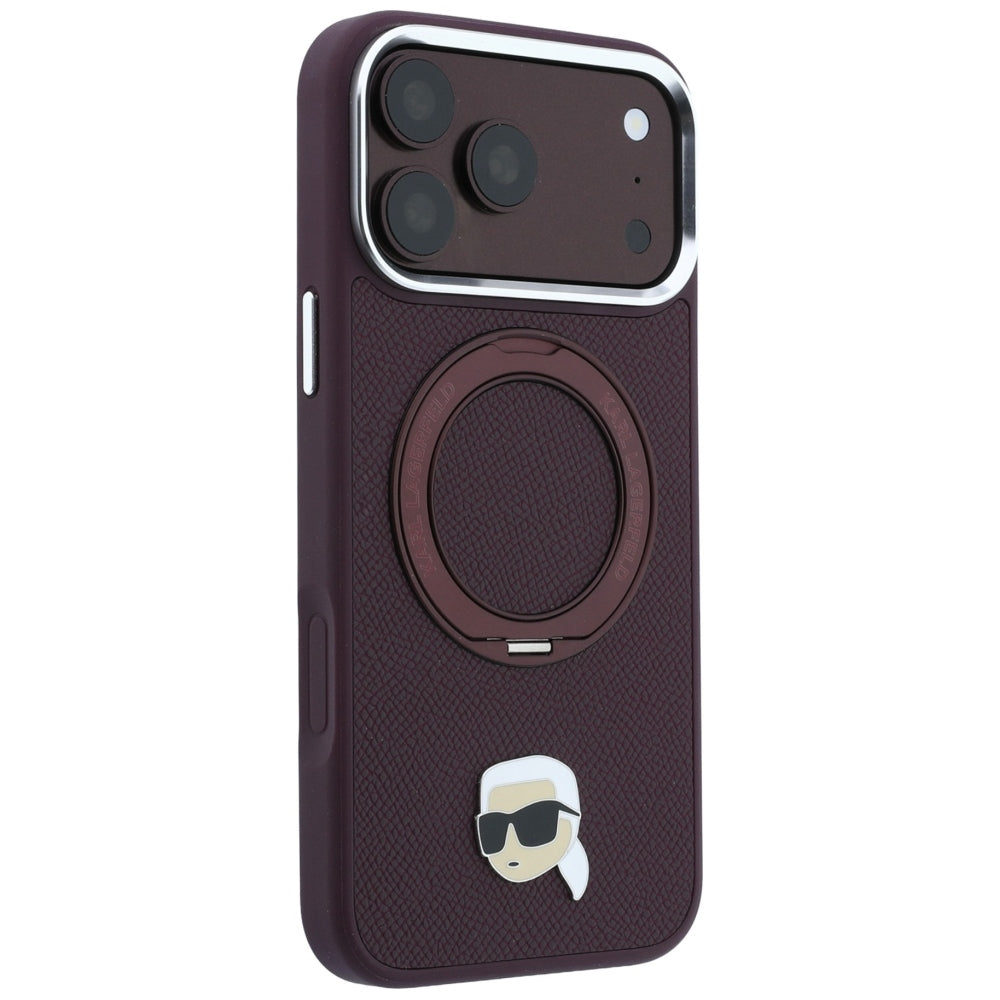 Funda MagSafe para Apple iPhone 18 Pro / 17 Pro, Karl Lagerfeld, Soporte Anillo 360 Karl Pin, Burdeos