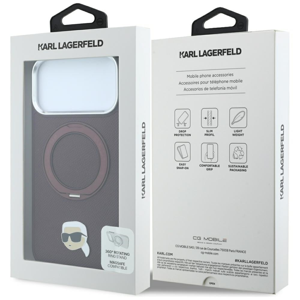 Funda MagSafe para Apple iPhone 18 Pro / 17 Pro, Karl Lagerfeld, Soporte Anillo 360 Karl Pin, Burdeos