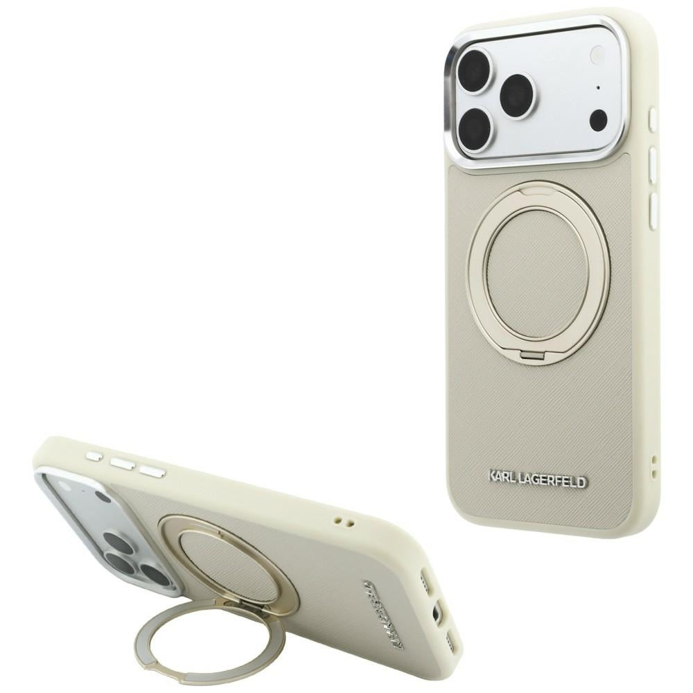 Funda MagSafe para Apple iPhone 18 Pro / 17 Pro, Karl Lagerfeld, Ring Stand 360 Saffiano, Beige