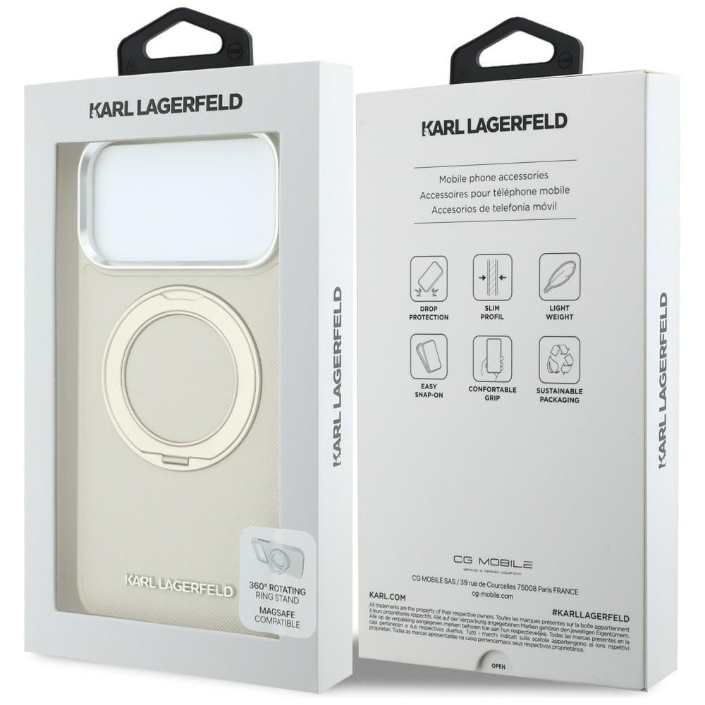Funda MagSafe para Apple iPhone 18 Pro / 17 Pro, Karl Lagerfeld, Ring Stand 360 Saffiano, Beige