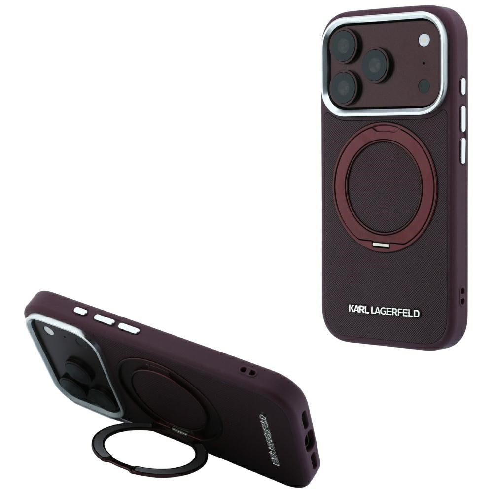Funda MagSafe para Apple iPhone 18 Pro / 17 Pro, Karl Lagerfeld, Ring Stand 360 Saffiano, color burdeos