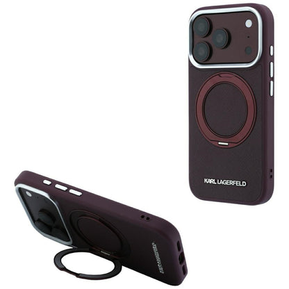 Funda MagSafe para Apple iPhone 18 Pro / 17 Pro, Karl Lagerfeld, Ring Stand 360 Saffiano, color burdeos