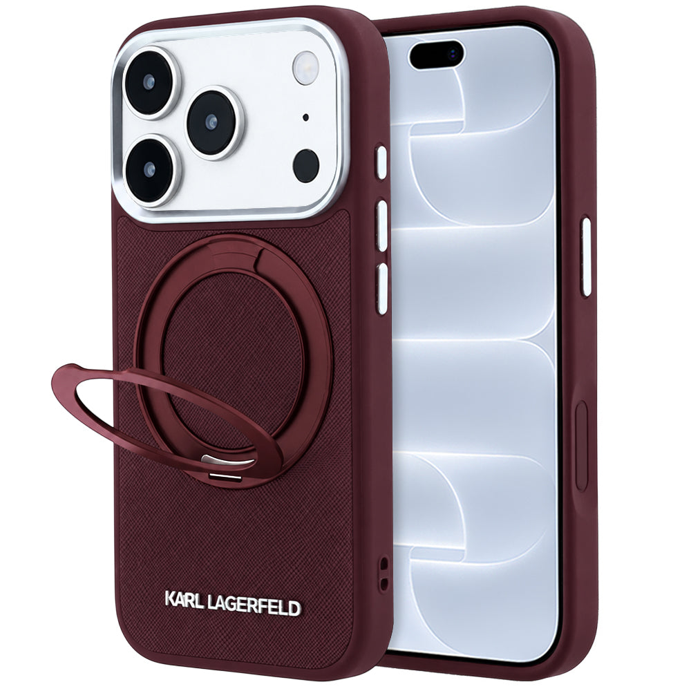 Funda MagSafe para Apple iPhone 18 Pro / 17 Pro, Karl Lagerfeld, Ring Stand 360 Saffiano, color burdeos