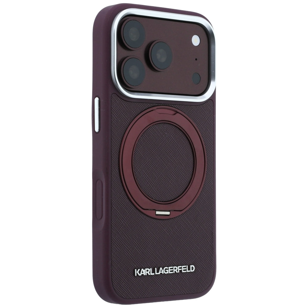 Funda MagSafe para Apple iPhone 18 Pro / 17 Pro, Karl Lagerfeld, Ring Stand 360 Saffiano, color burdeos