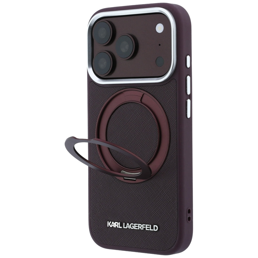 Funda MagSafe para Apple iPhone 18 Pro / 17 Pro, Karl Lagerfeld, Ring Stand 360 Saffiano, color burdeos