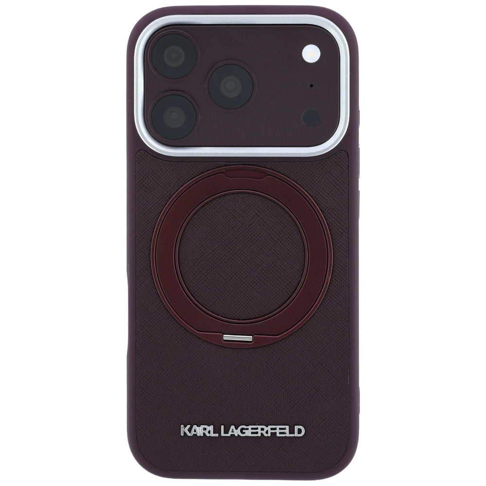 Funda MagSafe para Apple iPhone 18 Pro / 17 Pro, Karl Lagerfeld, Ring Stand 360 Saffiano, color burdeos